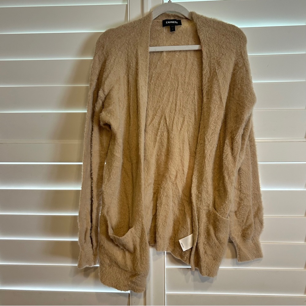 Express Longline Fuzzy Open Cardigan Tan Size Small